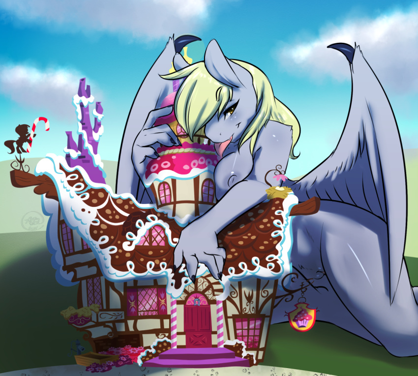 2015 anthro anthrofied avante92 bat_pony bipedal blonde_hair breasts building candy_cane claws cloud derpy_hooves door equine female friendship_is_magic hair licking looking_at_viewer macro mammal my_little_pony nude outside pegasus ponyville pussy sky solo sugarcube_corner tongue tongue_out window wings yellow_eyes