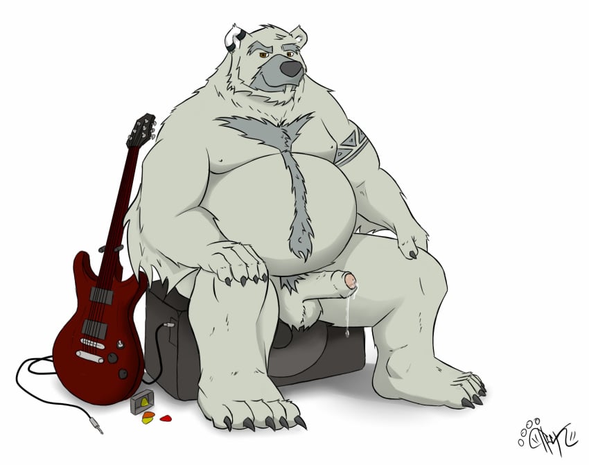 anthro balls bear erection fur furry guitar humanoid_penis looking_at_viewer male male_only mammal musical_instrument nickdales nicknameart nude overweight penis precum smile solo uncut