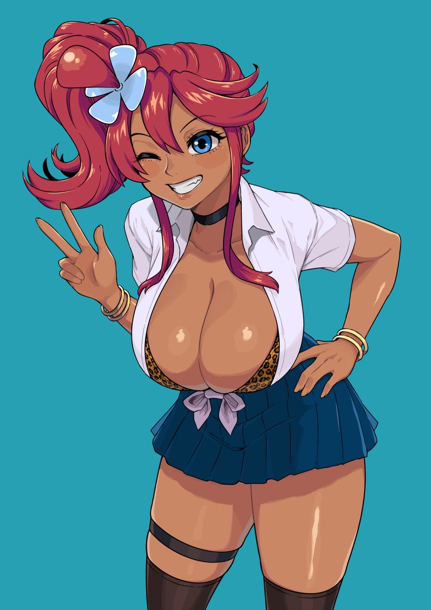 big_breasts bra choker cleavage commission commissioner_upload dark-skinned_female gyaru gym_leader jewelry leopard_print pokemon pokemon_bw red_hair sambalteracy school_uniform schoolgirl skirt skyla_(pokemon) smile tanned tanned_skin thigh_highs thigh_strap