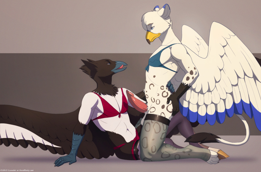 anthro avian balls bird bottomless bra clothed clothing crossdressing duo equine erection gryphon half-dressed hippogryph horse kneeling kumagoro lingerie lunalei magpie male male_only mammal multiple_males panties penis sephirothiel tongue underwear wings yaoi