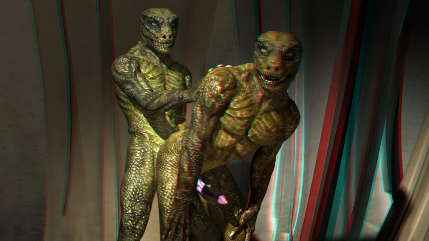 3d 3d_anaglyph anaglyph duo from_behind green_skin lizard looking_at_viewer male penis reptile reptilian scalie wooky yaoi