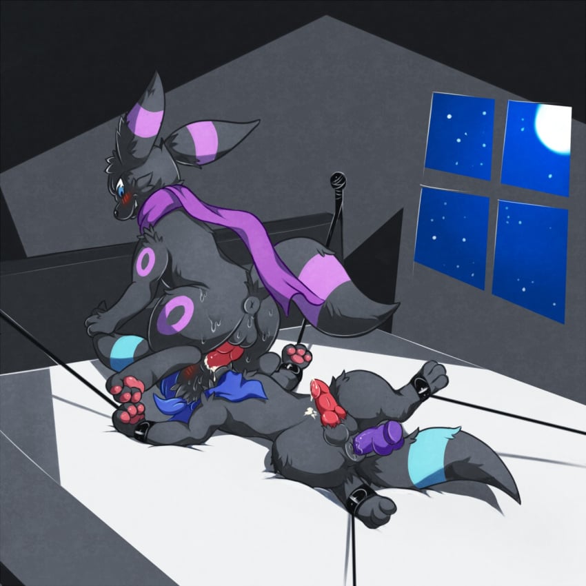 bondage bound canine dildo duo eeveelution feral fur furry_ears furry_tail gay male mammal nintendo oral pokémon_(species) pokemon rikuaoshi satiro scarf sex_toy shiny_pokemon tail umbreon video_games