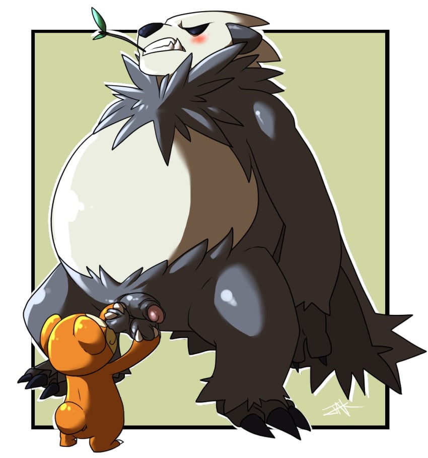 ambiguous_gender ballbusting balls bear black_fur blush brown_fur chubby cock_and_ball_torture duo fur gay jolly-jak male mammal nintendo panda pangoro penis pokemon sheath size_difference teddiursa teeth video_games white_fur