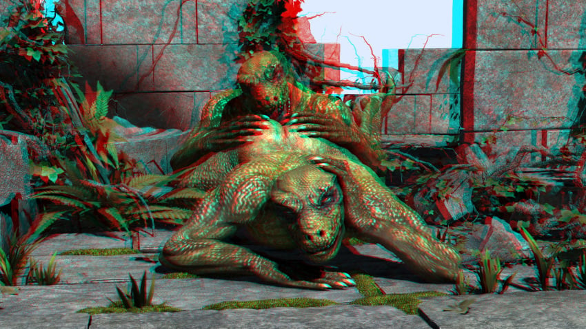 3d 3d_anaglyph ambiguous_gender anaglyph anthro duo from_behind green_skin hand_on_ass hand_on_head lizard lying on_front open_mouth reptile reptilian scalie wooky