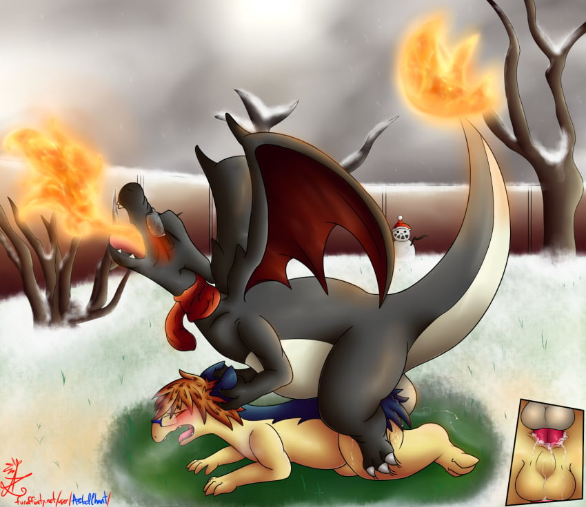 2015 3_claws 3_toes all_fours asbel asbel_lhant_(artist) backyard balls big_dom_small_sub blush charizard close-up closed_eyes cum cum_inside cum_on_balls cum_on_penis cutaway doggy_style dragon duo eargrab eyewear fire fire_breathing fluff from_behind fur gay glasses hair male nintendo open_mouth outside penis pokemon pokemon_(species) ryanshinyzard scalie scarf sex shiny_pokemon size_difference snow straight_hair teeth toes tongue tree typhlosion wings winter