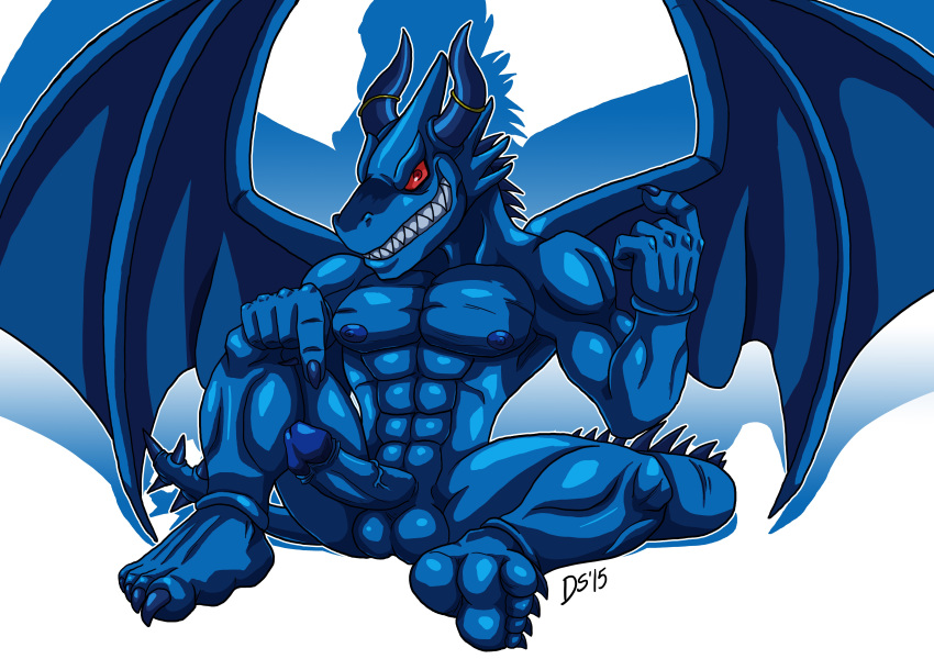 1boy 5_fingers 5_toes anthro balls blue_dragon_(series) blue_skin claws clenched_teeth come_hither dragon erection horn humanoid_penis looking_at_viewer male male_only muscles nipples penis pointing_down red_eyes restricted_palette sitting solo teeth thedirtyshark toes vein veiny_penis western_dragon wings