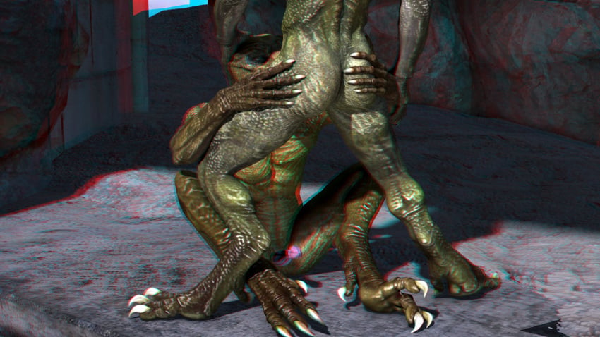 3d 3d_anaglyph anaglyph anthro ass claws color duo fellatio green_skin hand_on_ass hand_on_head lizard male oral penis reptile reptilian scalie sitting standing wooky yaoi