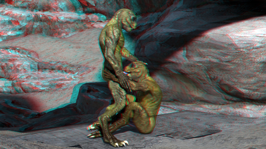 3d 3d_anaglyph anaglyph anthro duo fellatio green_skin hand_on_ass hand_on_head lizard male oral penis reptile reptilian scalie sitting standing wooky yaoi