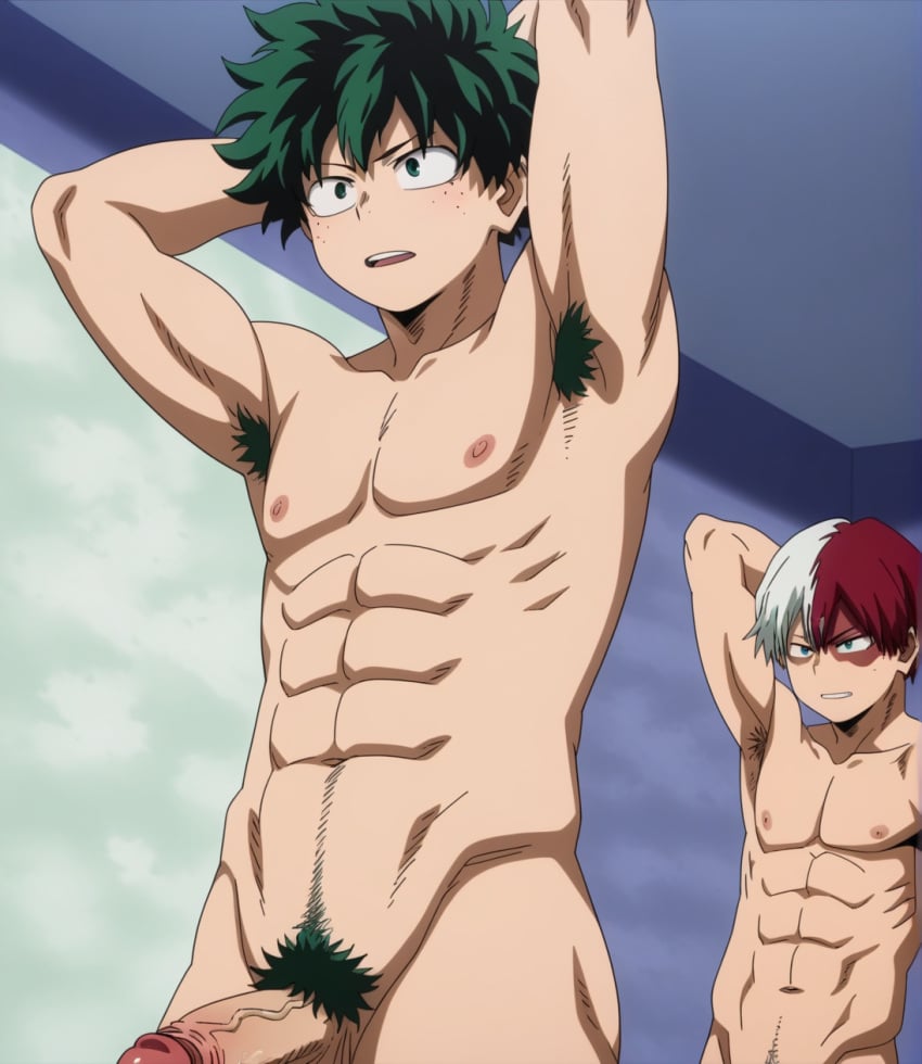 abs ai_generated armpit_fetish armpit_hair armpits arms_behind_head arms_up big_penis boku_no_hero_academia bushy_tail erection hard_on izuku_midoriya male male_armpit male_only male_pubes male_pubic_hair midoriya_izuku muscular_male my_hero_academia nipples pubes pubes_exposed pubic_hair shouto_todoroki solo solo_focus solo_male teen_boy teenager tensor_art todoroki_shouto