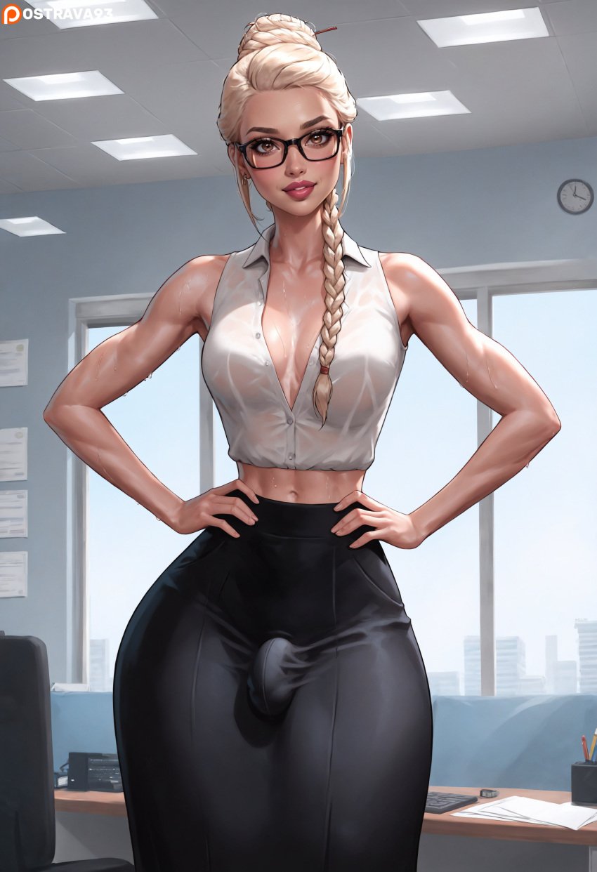 1futa ai_generated alissa_(ostrava93) armpits balls ballsack blonde_futa blonde_hair breasts bulge bulge_through_clothing dickgirl dominant_futanari flaccid flaccid_penis futa_only futa_sans_pussy futanari grin huge_cock naughty_face office office_lady ostrava93 pencil_skirt penis solo testicles thick_thighs