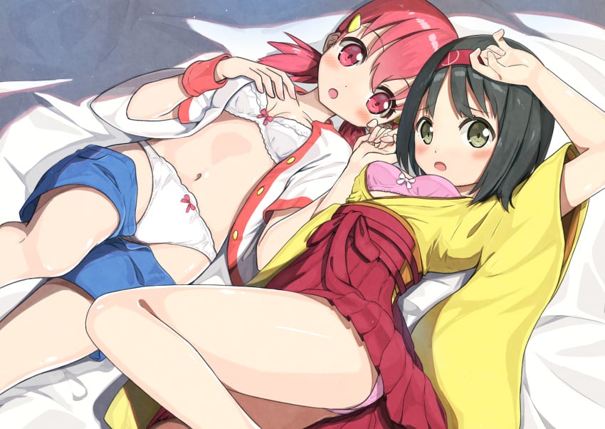 2girls :o absurd_res black_hair blush bow bow_panties bra breasts clothing commentary creatures_(company) erika_(pokemon) female female_only game_freak green_eyes gym_leader hair_ornament headband hi_res japanese_clothes kimono legs_together lingerie looking_at_viewer lying matching_underwear midriff navel negimiso1989 nintendo on_back open_clothes open_mouth panties pink_bra pink_eyes pink_hair pink_panties pokemon pokemon_(game) pokemon_frlg pokemon_gsc request short_hair shorts shorts_pull small_breasts thighs twintails white_bra white_panties whitney_(pokemon) wide_hips