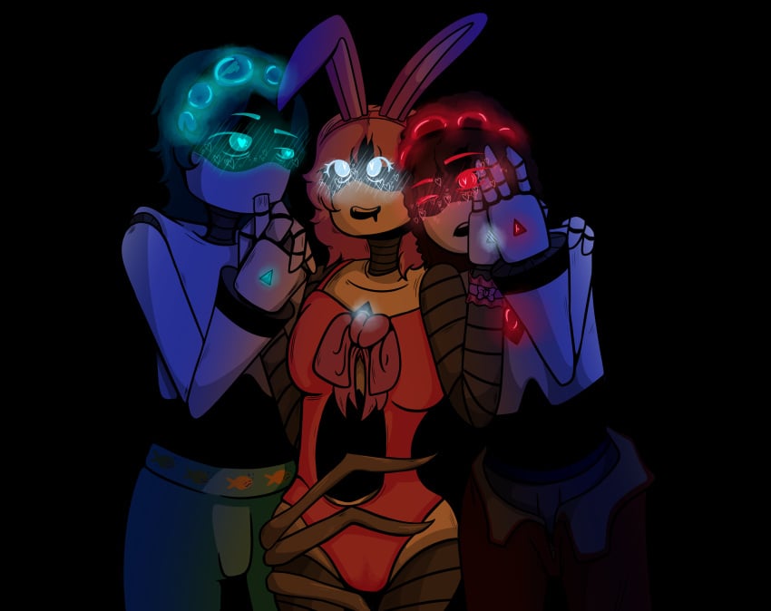 1boy 2d 2girls blue_eyes bottom bunny_ears bunnysuit heated horny_female humanoid murder_drones needy oc red_eyes robot robot_girl robot_humanoid screen_face switch teal_eyes vexingart