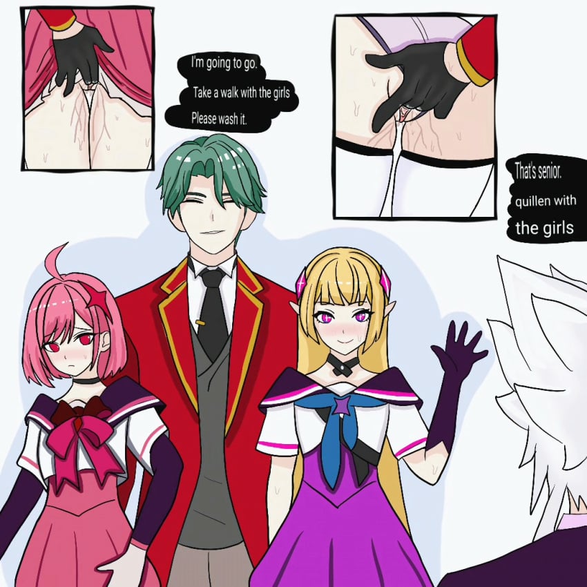 arena_of_valor blush blush blush_lines blushing_at_viewer blushing_female dimension_breaker_tel'annas_(arena_of_valor)​ dimension_breaker_violet_(arena_of_valor)​ dress_lift english_text english_translation finger_fuck finger_fucking happy_male hi_res pink_dress