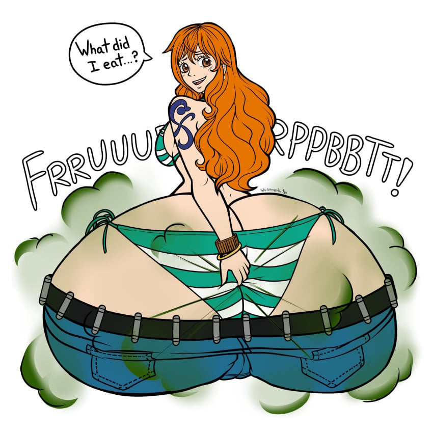 1girls 2023 fart fart_cloud fart_fetish farting felixschmeelix female female_only huge_ass massive_ass nami nami_(one_piece) one_piece post-timeskip text