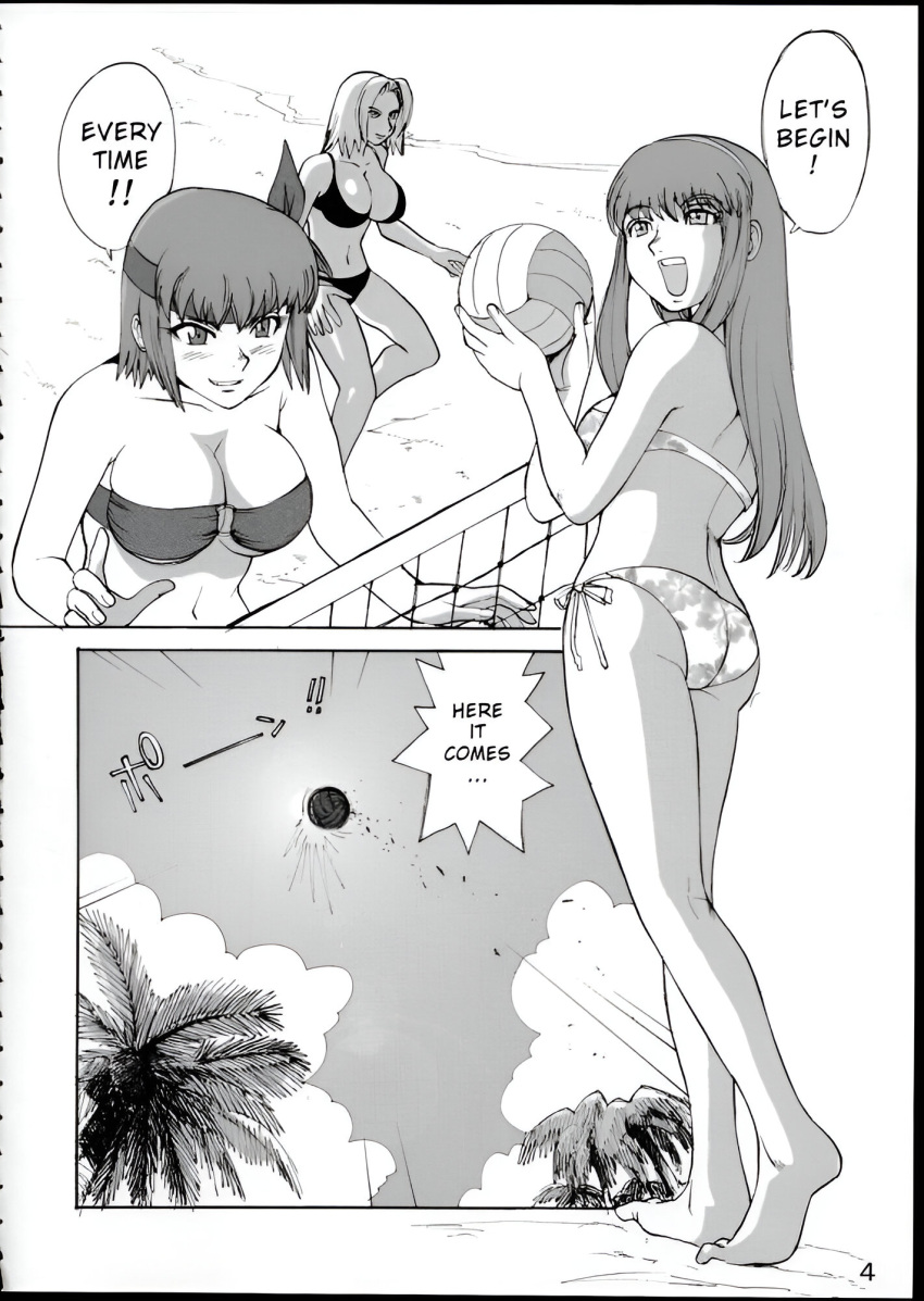 2002 3girls ass athletic athletic_female ayane_(doa) beach big_breasts bikini black_and_white breasts bubble_butt busty cleavage clothed clothed_female clothing comic dead_or_alive dead_or_alive_xtreme_beach_volleyball dialogue doujin doujinshi female female_focus female_only harem hitomi_(doa) hourglass_figure kamitsuki_manmaru light-skinned_female light_skin long_hair monochrome outdoors outside page_4 short_hair speech_bubble survivor!!_(dead_or_alive_xtreme_beach_volleyball)_(comic) tagme tina_armstrong underboob volleyball wide_hips