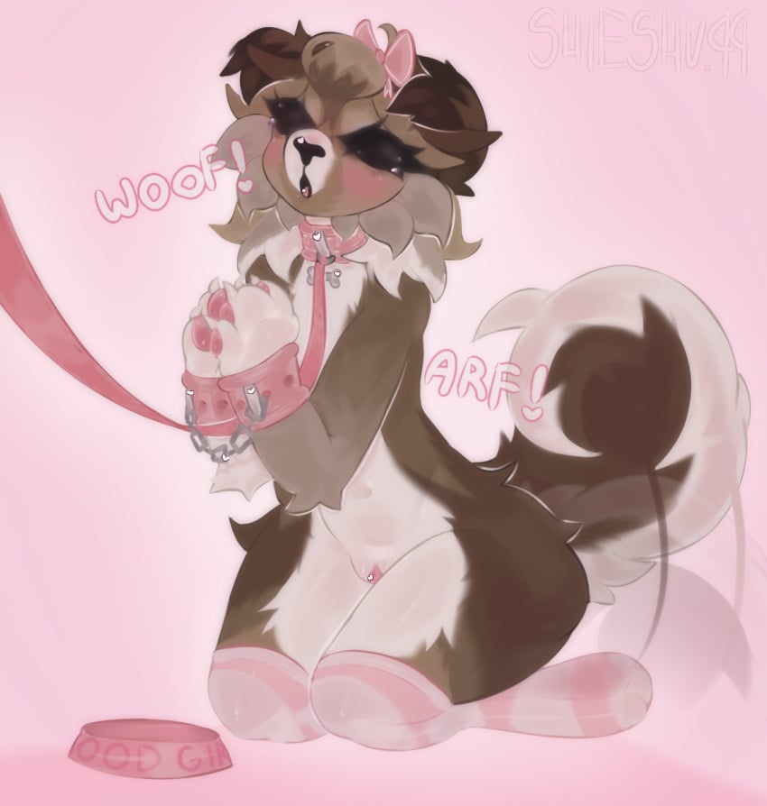 accessory anthro arf black_eyes black_sclera blush blush_lines bondage bone_collar_tag bow_ribbon bow_tie bowl brown_body brown_fur canid canine chains clothing collar collar_only collar_tag container cuff_(restraint) dog_tail fan_character female first_person_view fur genitals good_girl hair_accessory hair_ribbon hairbow handcuffed_together handcuffs humanoid_genitalia kneeling leash leashed_collar leashed_pov legwear mammal metal_cuffs natural_colors nude nude_anthro nude_female pattern_clothing pattern_legwear pattern_stockings pawpads pet_bowl petplay pink_background pink_collar pink_handcuffs pink_pawpads pink_stockings pink_tongue pink_vulva praying_hands puppyplay pussy restraints ribbons roleplay shieshuqqq simple_background solo solo_focus stockings striped_clothing striped_legwear striped_stockings stripes tail tail_motion tailwag tongue vulva white_body white_fur woof_(sound_effect)