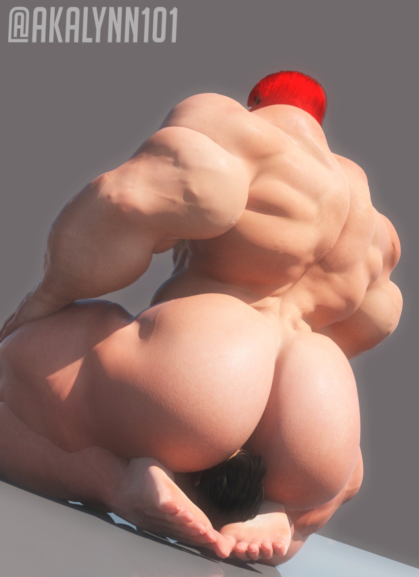 1girls 3d akalynn101 ambiguous_gender back_muscles back_view big_ass big_butt big_muscles capcom facesitting larger_female marisa_rossetti red_hair street_fighter street_fighter_6 veiny_muscles