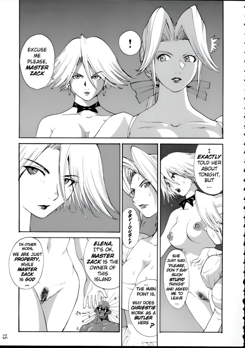 1boy 2002 2girls areolae athletic athletic_female athletic_male bald bald_man big_breasts black_and_white breasts busty christie_(doa) cleavage clothed clothed_female clothing comic dark-skinned_male dark_skin dead_or_alive dead_or_alive_xtreme_beach_volleyball dialogue doujin doujinshi dress earrings female female_focus female_pubic_hair goatee harem helena_douglas hourglass_figure kamitsuki_manmaru light-skinned_female light_skin long_hair male monochrome muscle_tone navel nipples nude nude_female nude_male nudity page_15 pecs ponytail pubes pubic_hair pussy short_hair slave slavegirl speech_bubble sunglasses survivor!!_(dead_or_alive_xtreme_beach_volleyball)_(comic) sweat tagme toned toned_male vagina wide_hips zack_(dead_or_alive)