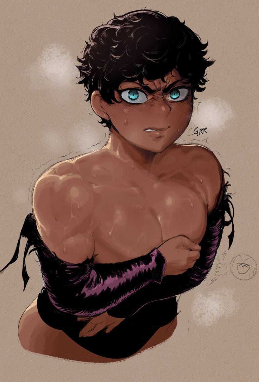 1boy angry angry_face athletic black_hair blue_eyes covered_nipples covering curly_hair dark-skinned_male dark_hair dark_skin delicious_in_dungeon dungeon_meshi femboy human kabru krekk0v looking_at_viewer male male_only muscular ripped_clothing solo solo_focus solo_male sweat sweatdrop sweating tagme toned toned_male torn_clothing