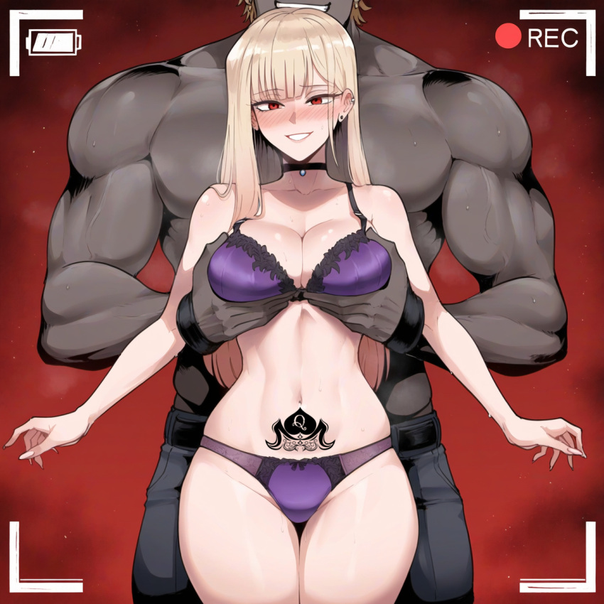 1boy 1girls ai_generated bare_legs bare_thighs big_breasts blonde_hair blush bra color dark-skinned_male dark_skin female hi_res interracial kitagawa_marin large_breasts light-skinned_female light_skin long_hair looking_at_viewer male male/female meepking muscles muscular muscular_male netorare ntr panties queen_of_spades recording red_eyes school_uniform sono_bisque_doll_wa_koi_wo_suru tagme thick_thighs underwear