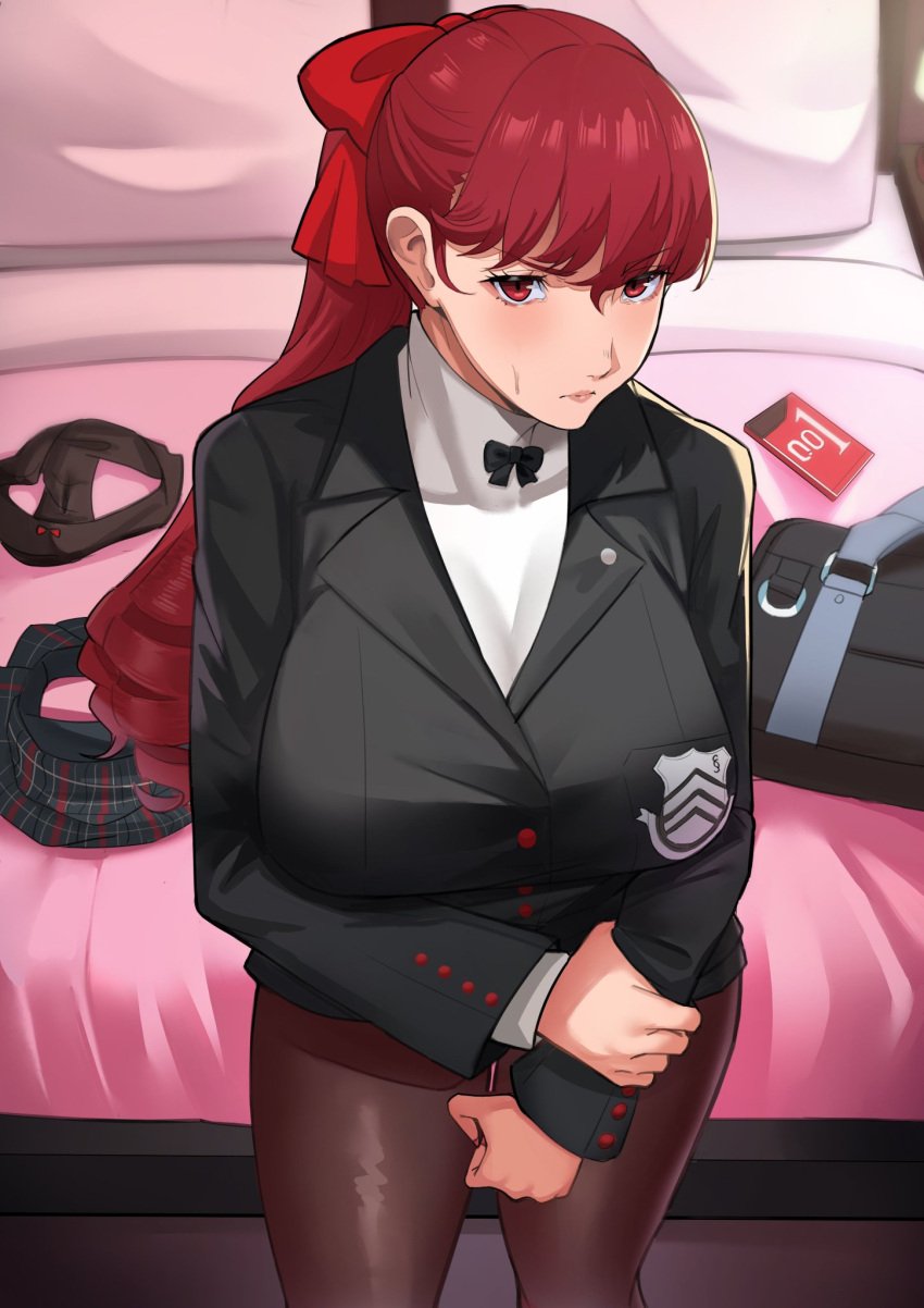 1girls 2d alternate_breast_size angry bed bedroom big_breasts blush color colored condom condom_wrapper dnumde dubious_consent female female_focus female_only first_person_view forced glaring imminent_rape imminent_sex kasumi_yoshizawa looking_at_viewer nervous nervous_sweat pantyhose persona persona_5 ponytail red_eyes red_hair school_bag school_uniform schoolgirl sumire_yoshizawa sweat sweatdrop thighs uncomfortable undressing