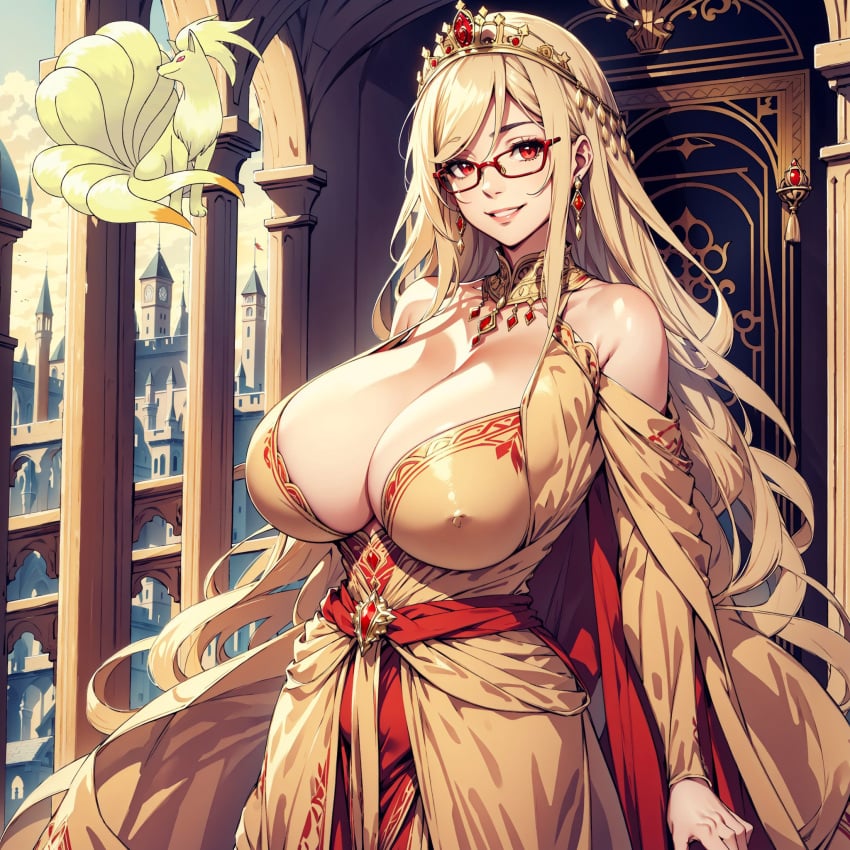 ai ai_generated beige_hair castle dress headdress huge_breasts humanization nina ninetales nintendo pokemon pokewomen red_eyes short_hair standing