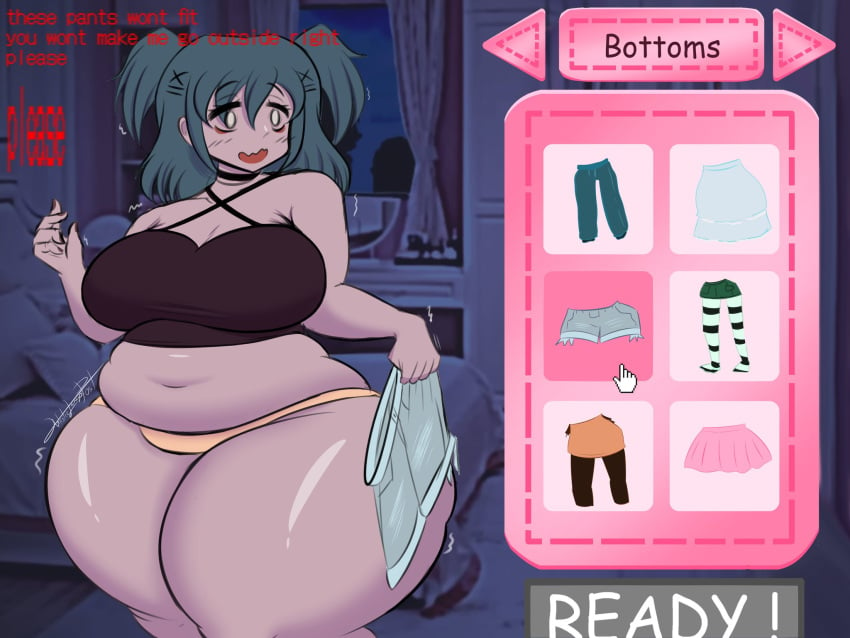 1girls 5_fingers alternate_version_available artistic_lamp bbw blue_hair chubby chubby_female english_text holding_object huge_thighs lacey’s_wardrobe lacey_(lacey_games) lacey_games massive_breasts overweight overweight_female thick_thighs venus_body