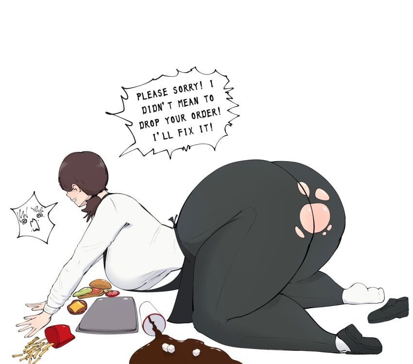 ass big_ass big_breasts breasts chainsaw_man dropping_object english_text fat_ass food giant_ass higashiyama_kobeni ladno_(artist) large_ass large_breasts poor_anatomy ripped_clothing ripped_pants side_view text thick_thighs thin_waist thunder_thighs torn_clothes torn_clothing