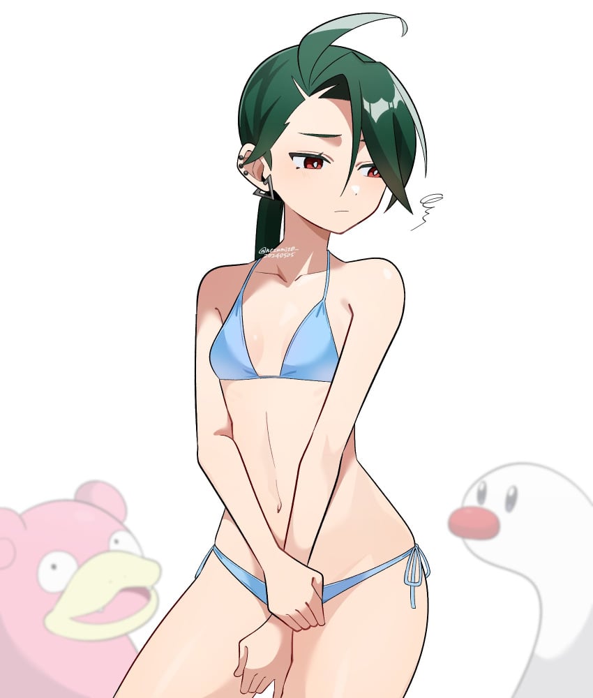 1girls 2others bikini breasts earrings female_focus game_freak genjitsu_o_miro green_hair highleg nintendo pokémon_(species) pokemon pokemon_sv red_eyes rika_(pokemon) shy slowbro small_breasts solo_focus tagme wiglett