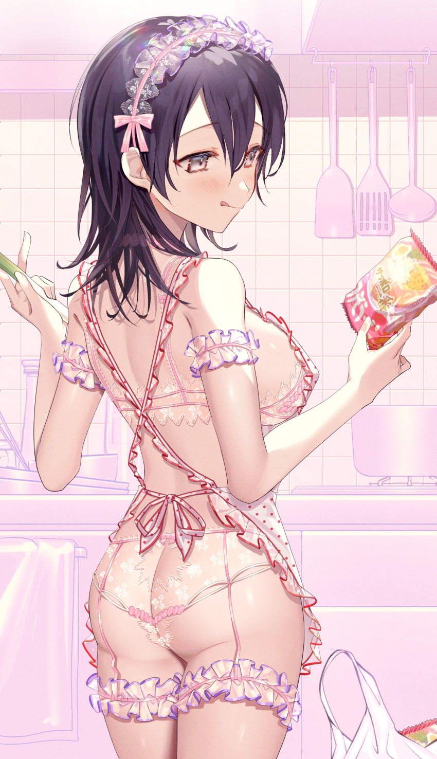 1girls apron arm_garter ass bag black_hair bow bra breasts bridal_garter food garter_straps grey_eyes grocery_bag hairband indoors kitchen large_breasts lingerie long_hair looking_to_the_side noodles original panties pink_bow polka_dot polka_dot_apron ramen shopping_bag standing syandega