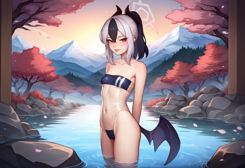 ai_generated arms_behind_back bangs bare_arms bare_shoulders black_hair blue_archive blush breasts cameltoe clavicle clothing covered_navel cowboy_shot demon_wings ear_piercing evening female female female_only gris_swimsuit hair_between_eyes halo high_resolution highleg highleg_swimsuit horns in_water jenneth_blackray kayoko_(blue_archive) long_hair looking_at_viewer low_wings meme_attire mole_on_collarbone mountain multicolored_hair navel one-piece_swimsuit onsen outdoors parted_lips partially_submerged petals piercing ponytail red_eyes see-through single_wing small_breasts smile solo stable_diffusion standing sunset swimsuit tied_hair tree two-tone_hair wading wallpaper water wet white_hair wings