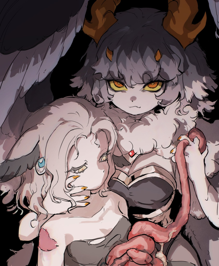 2girls aiara_(cyany) animal_ears black_background breasts bright_pupils claws closed_mouth colored_eyelashes colored_sclera colored_skin colored_tips cyany dark death empty_eyes english_commentary feathered_wings female_death grey_hair grey_skin grey_wings guro half-closed_eyes hand_on_another's_face highres holding horn horns injury intestines large_breasts looking_at_viewer monster_girl multi_horn multicolored_hair multiple_girls murder neck_fur orange_eyes orange_horns original short_hair simple_background smile upper_body white_pupils wings yellow_sclera