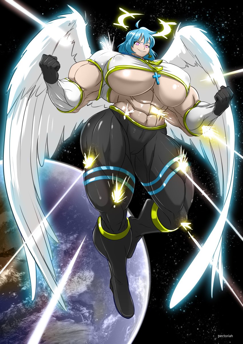 1girls aballon_(mrmelted) abs angel biceps big_breasts blue_hair breasts busty cameltoe clothing colored_sketch crop_top ear_piercing earrings female female_only flying halo huge_breasts large_breasts looking_at_viewer mrmelted muscular muscular_female nipple_bulge original pants pectoriah piercing planet smile solo space thick_thighs thunder_thighs underboob wide_hips wings