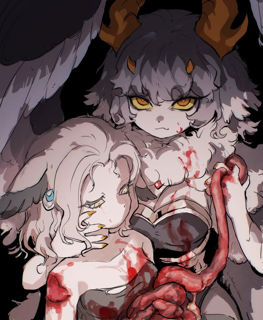 2girls aiara_(cyany) animal_ears black_background blood blood_on_clothes blood_on_face blood_on_hands breasts bright_pupils claws closed_mouth colored_eyelashes colored_sclera colored_skin colored_tips cyany dark death empty_eyes english_commentary feathered_wings grey_hair grey_skin grey_wings guro half-closed_eyes hand_on_another's_face highres holding horn horns injury intestines large_breasts looking_at_viewer monster_girl multi_horn multicolored_hair multiple_girls murder neck_fur orange_eyes orange_horns original short_hair simple_background smile upper_body white_pupils wings yellow_sclera