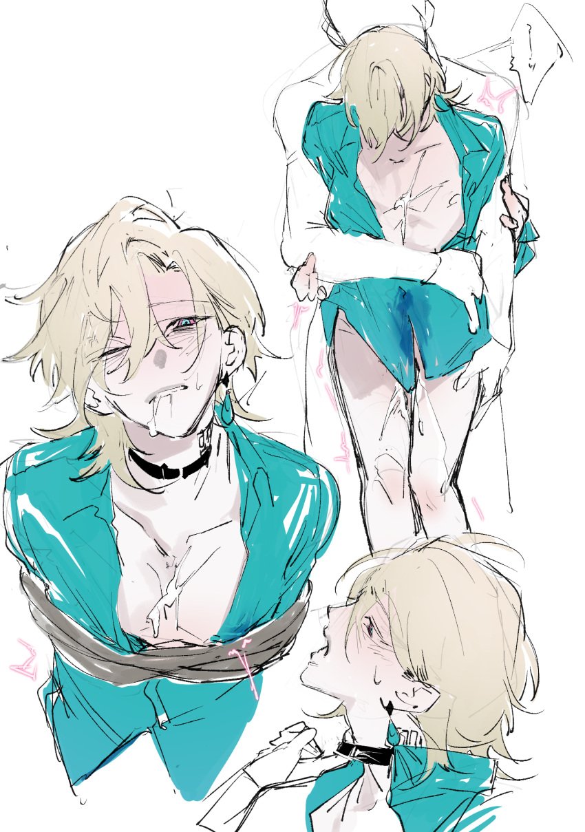 2boys aqua_shirt aventurine_(honkai:_star_rail) blonde_hair bondage bound collar collared_shirt cum cum_in_mouth cum_on_body cum_on_male cum_on_pectorals cumdrip highres honkai:_star_rail honkai_(series) male male_focus medium_hair mob multiple_boys neck_tattoo no_pants pectorals rape rope shirt simple_background stained_clothes sweat tattoo user_krmr4547 white_background yaoi