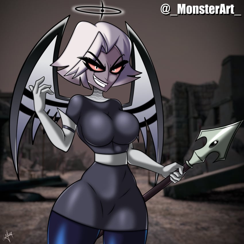 big_breasts clothed clothed_female exorcist_(hazbin_hotel) female female_only fully_clothed fully_clothed_female glowing_eyes halo hazbin_hotel looking_at_viewer monsterart sfw_version shiny shiny_clothes solo solo_female vaggie_(hazbin_hotel) voluptuous voluptuous_female