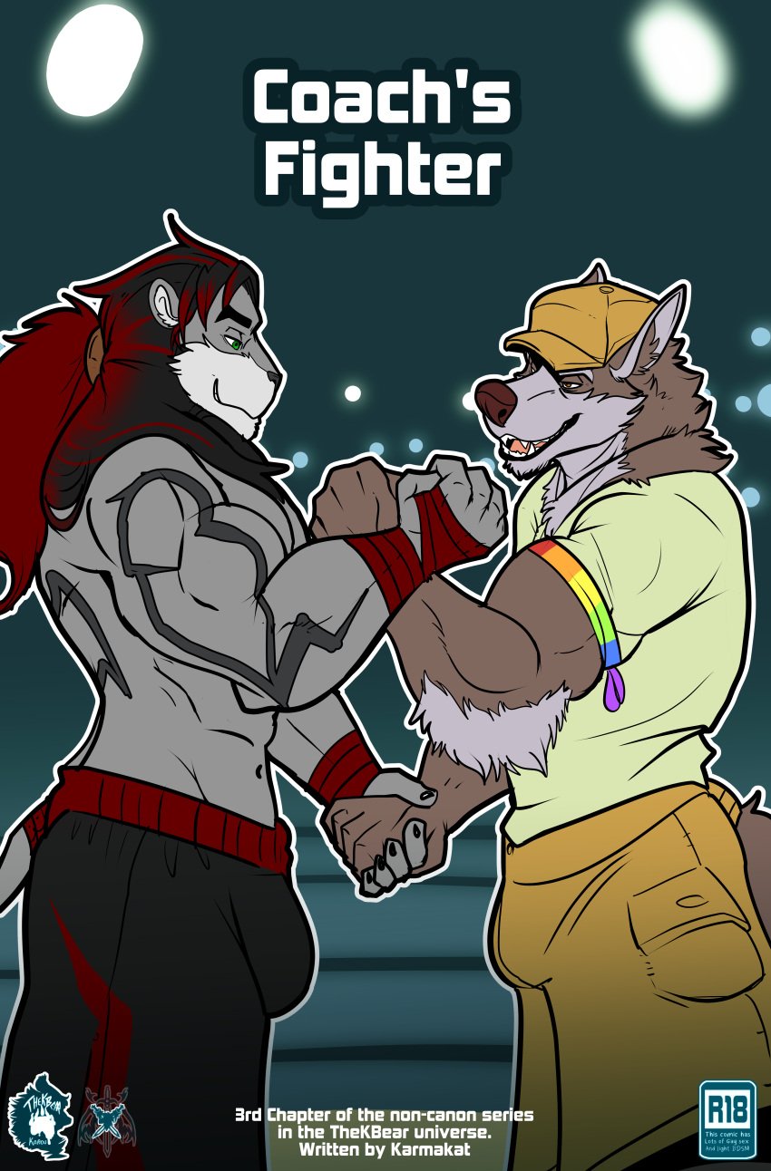 absurd_res anthro arm_tattoo canid canine canis clothing coach_dale comic cover_art dialogue felid hat headgear headwear hi_res karmakat lion male mammal muscular muscular_anthro muscular_male pantherine tattoo thekinkybear wolf