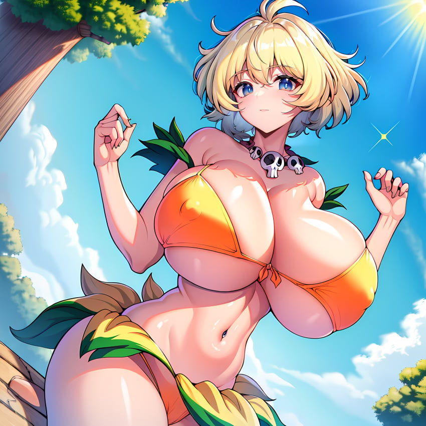 ai_generated bikini blonde_hair blue_eyes bluecatrip erect_nipples expressionless female fit_female gigantic_breasts hands_up huge_breasts leaf_skirt looking_at_viewer mii_(jungle_de_ikou) navel necklace orange_bikini outdoors skirt skull_necklace stable_diffusion