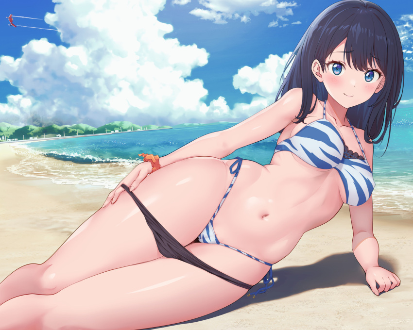 1girls alternate_version_available armwear beach bikini bikini_bottom bikini_top black_hair blue_bikini blue_eyes blush bottomwear cameltoe female female_only hair hips legs medium_breasts nanikairu on_side pasya-pasya short_hair smile solo solo_female ssss.gridman swimwear takarada_rikka thick_thighs thighs topwear