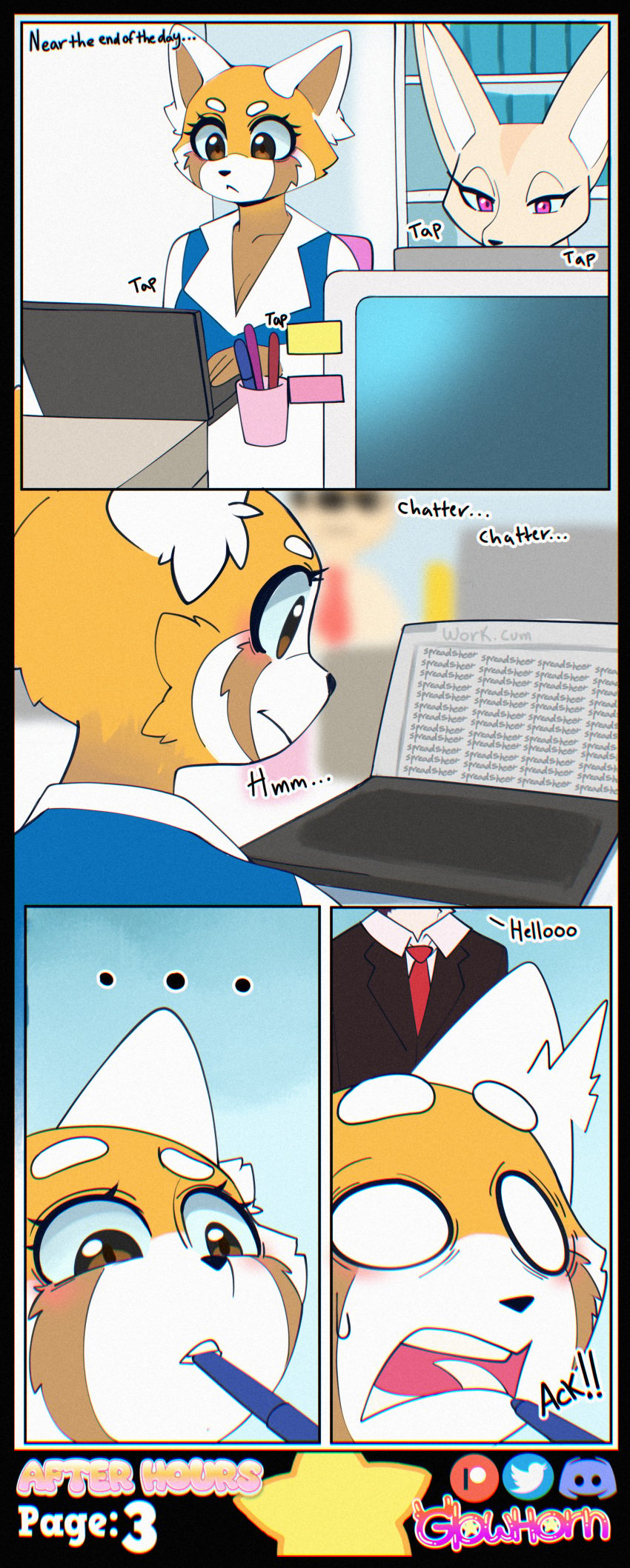 absurd_res aggressive_retsuko aggretsuko ailurid anai_(aggretsuko) anthro artifact_the_fox badger black_nose blue_clothing blue_shirt blue_topwear blush brainwashed brainwashing brown_body brown_eyes brown_fur business_suit canid canine clothing collared_shirt comic comic_page computer corrupted corruption desk dialogue duo electronics english_text female fennec_fox fenneko fox fur furniture furry glowhorn hi_res hypnosis laptop looking_down male mammal mind_control mustelid musteline necktie object_in_mouth office office_clothing open_mouth orange_body orange_fur page_3 page_number pen_in_mouth pink_eyes red_panda retsuko sanrio scared scared_face shirt simple_background spreadsheet suit table topwear true_fox white_body white_clothing white_fur white_shirt white_topwear working