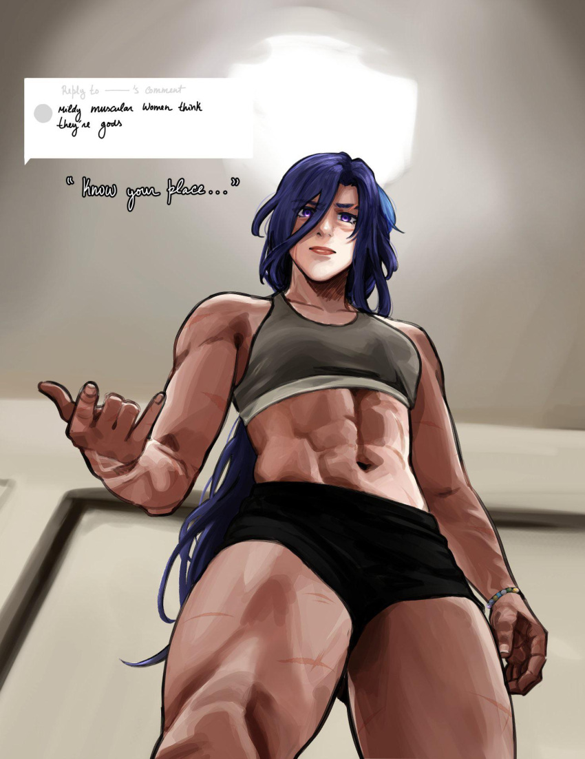 abs alx_s clorinde_(genshin_impact) female_focus female_only genshin_impact hoyoverse know_your_place long_hair long_purple_hair looking_at_viewer looking_down looking_down_at_viewer meme midriff mihoyo mildly_muscular_woman mildly_muscular_women_think_they're_gods muscular muscular_female purple_hair scar scars solo