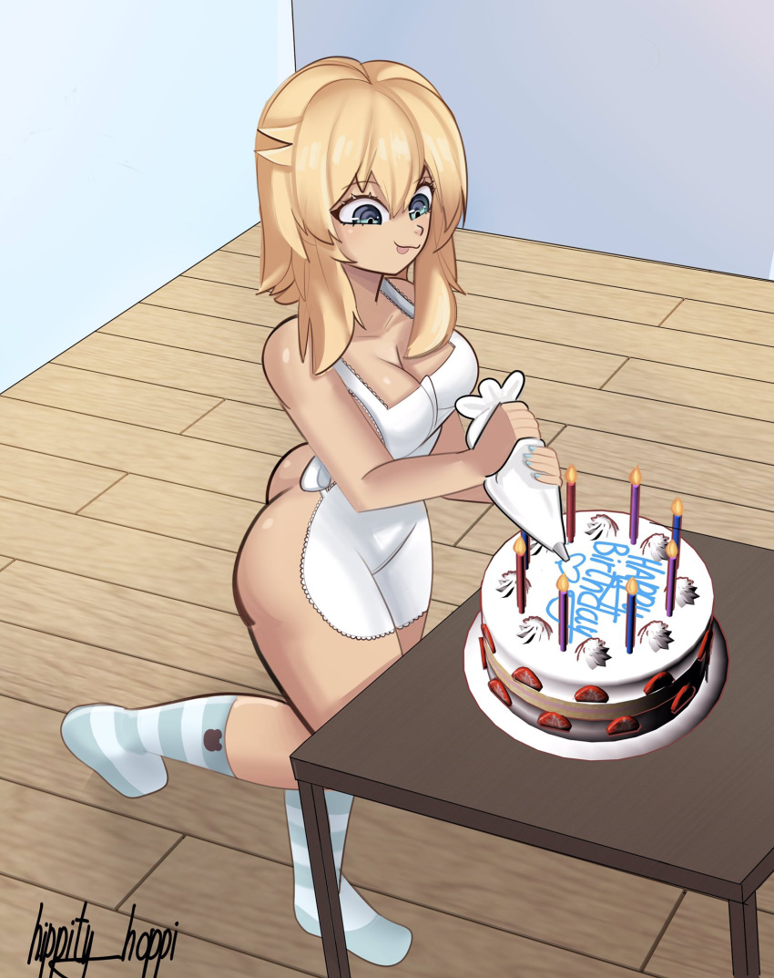 1girls absurd_res apron apron_only ass birthday birthday_cake blonde_hair blue_eyes breasts bridget cake casual cleavage female footwear guilty_gear highres hippity_hoppi human light-skinned_female light_skin medium_breasts nude outerwear pale_skin rule_63 socks solo tongue tongue_out