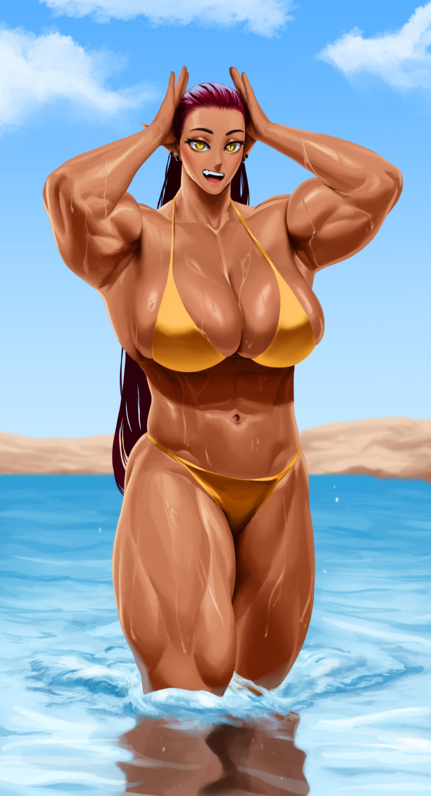 1girls abs absurd_res ali_(sotcho) bikini fat_breasts female female_only gold_bikini golden_week huge_breasts in_water long_hair looking_at_viewer muscles muscular muscular_female muscular_thighs pointy_ears red_hair sea six_pack slit_pupils smiling smiling_at_viewer solo sotcho water_reflection wet_skin yellow_eyes