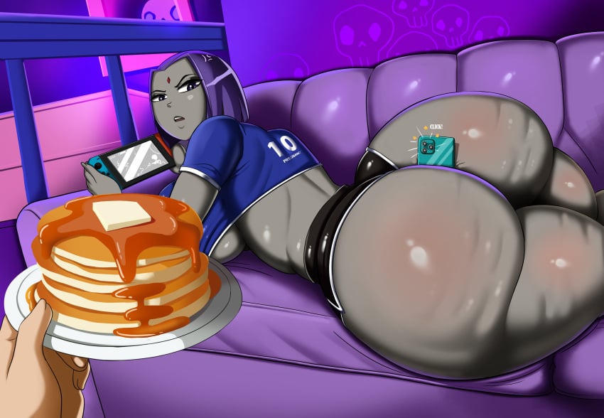 1girls ass black_shorts booty_shorts breasts cellulite dat_ass dc dc_comics female food goth grey_skin hi_res holding_object holding_object_between_buttocks hotpants huge_ass looking_at_viewer nintendo_switch object_between_ass pancakes phone phone_between_buttocks playing_videogame pov purple_eyes purple_hair raven_(dc) short_hair short_shorts shorts teen_titans thick_thighs vn_simp vns2imp white_trim