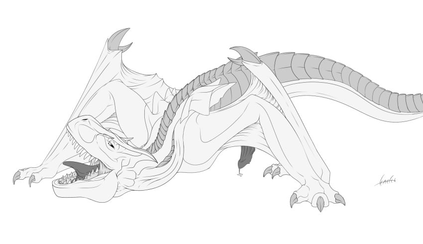 2015 capcom dragon flying_wyvern greyscale half-closed_eyes kaeku looking_at_viewer male male_only membranous_wings monochrome monster_hunter monster_hunter_freedom_2 open_mouth penis plain_background precum solo teeth tigrex tongue tongue_out video_games white_background wyvern