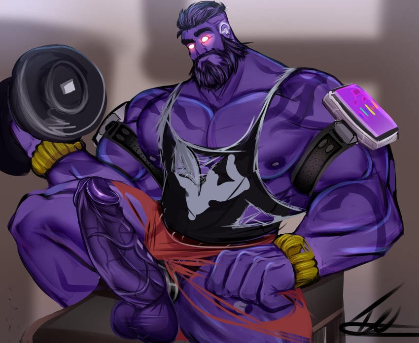 balls bara beard big_penis boner clothing cock_ring erection facial_hair league_of_legends male male_only mr._mundoverse mundo_(league_of_legends) muscles muscular penis purple_body purple_skin ripped_clothing sitting solo solo_male the_grind_series tmigson weightlifting