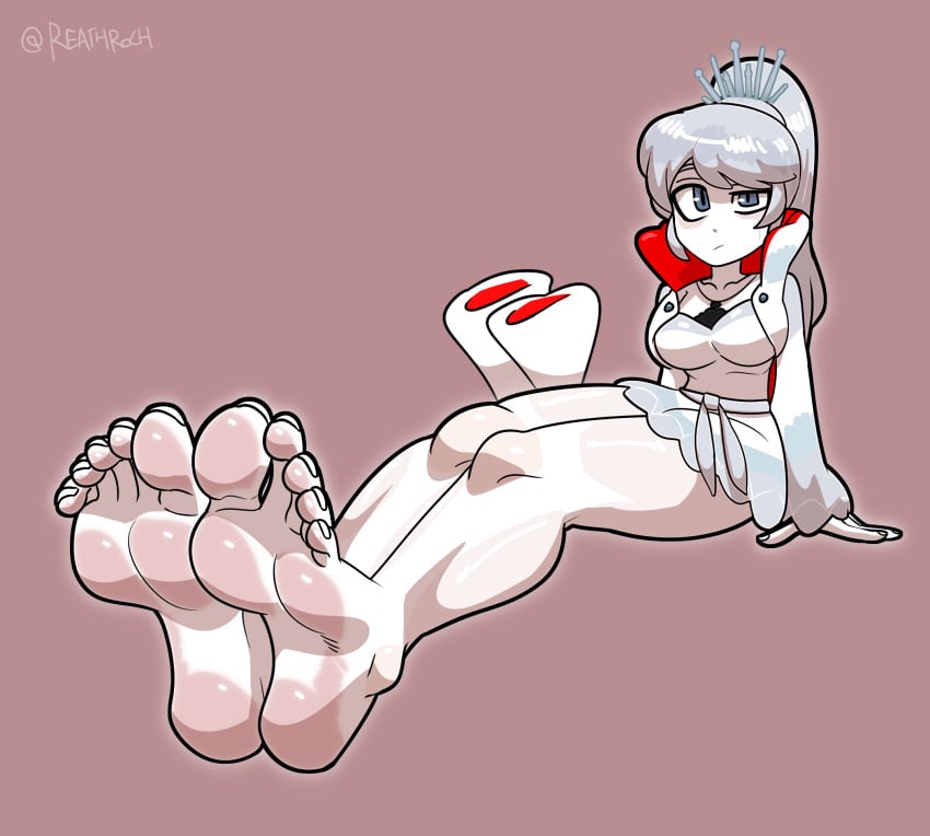 1girls bare_legs barefoot blue_eyes boots boots_removed confused_look feet foot_fetish foot_focus highres legs pale-skinned_female pale_skin reathroch rwby sitting solo solo_female tagme toes weiss_schnee white_hair