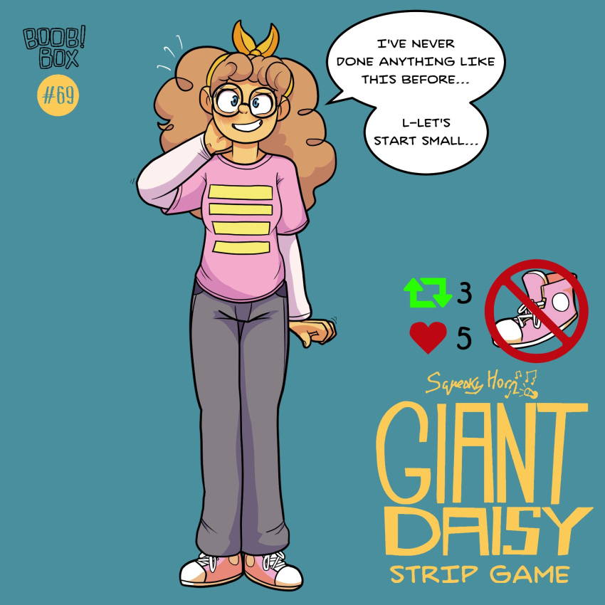 2024 blue_eyes daisy_wooton glasses nerd nerdy_female pants pink_shirt shirt shoes smile squeakyhorn strip_game tagme text twitter_strip_game_(meme) undressing