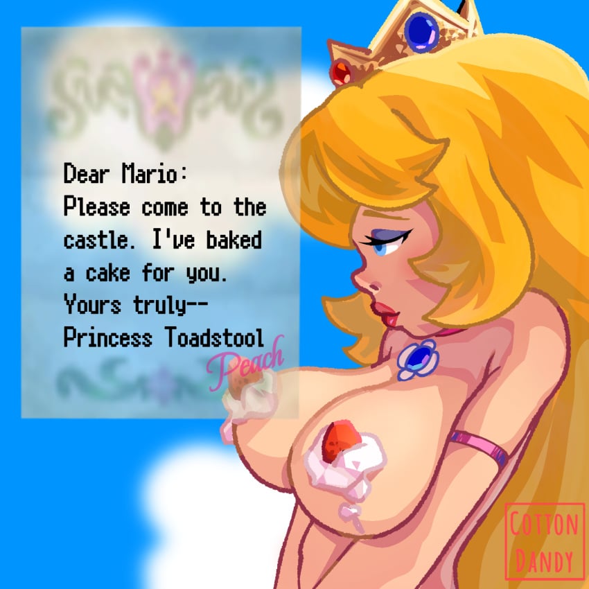 1girls 2024 blonde_hair blue_eyes breasts breasts_out censored_nipples convenient_censoring cottondandy crown eyeshadow female female_only food food_on_body fruit letter lipstick long_hair makeup mario_(series) nintendo outdoors princess princess_peach shy side_view sky solo solo_female strawberry super_mario_64 whipped_ass whipped_cream