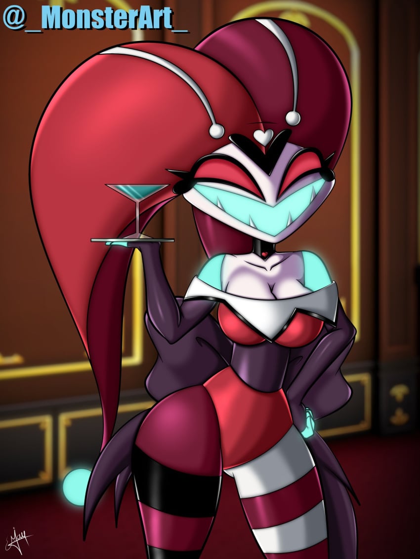 big_breasts clothed clothed_female clothing fully_clothed fully_clothed_female glowing glowing_markings glowing_teeth hazbin_hotel kitty_(hazbin_hotel) monsterart robot robot_girl safe_for_work sfw_version shiny shiny_clothes